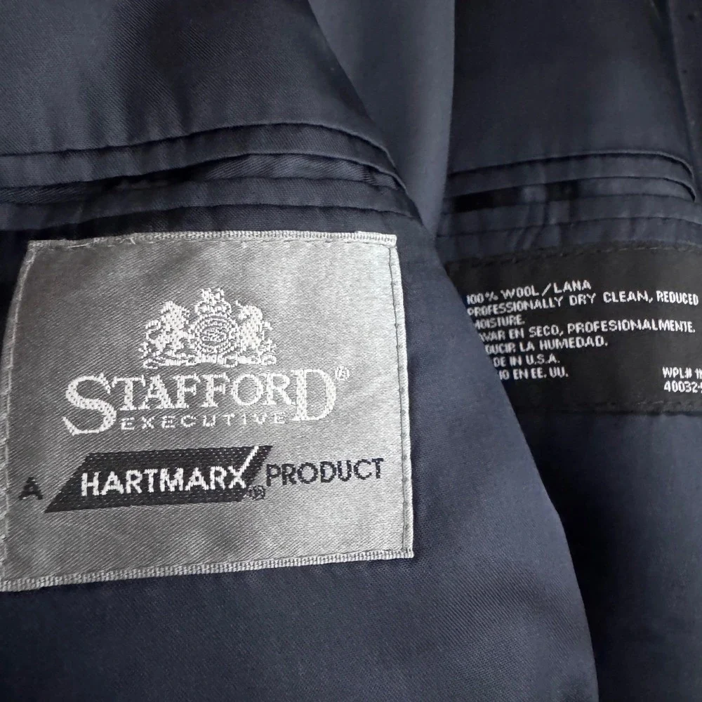 Stafford Executive Suit Mens 44R‎ 40x28 Navy Blue Wool Double Breasted Vintage